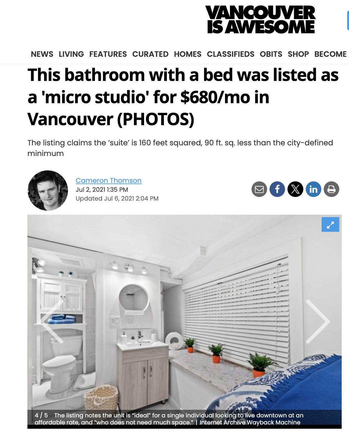 canada houses inside bathroom - Vancouver Is Awesome News Living Features Curated Homes Classifieds Obits Shop Become This bathroom with a bed was listed as a 'micro studio' for $680mo in Vancouver Photos The listing claims the 'suite' is 160 feet squared